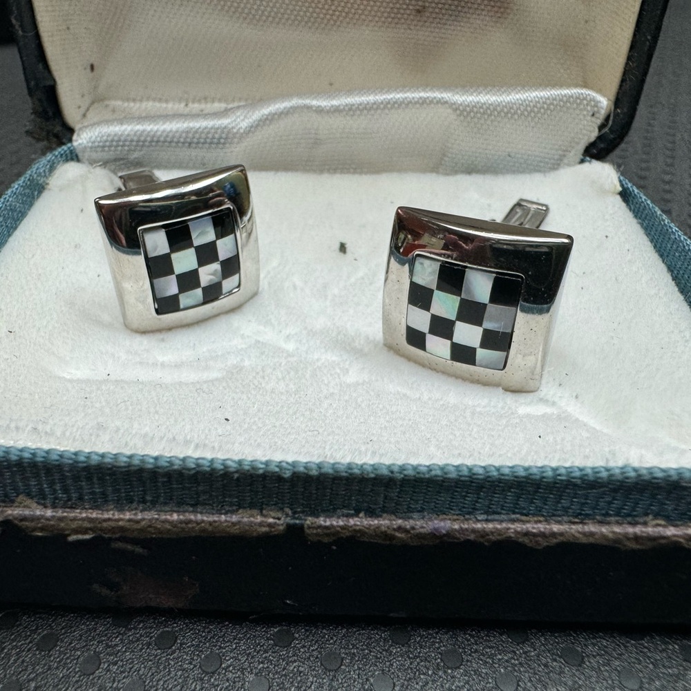 Sterling Silver Checkerboard Mother of Pearl and Onyx Cufflinks